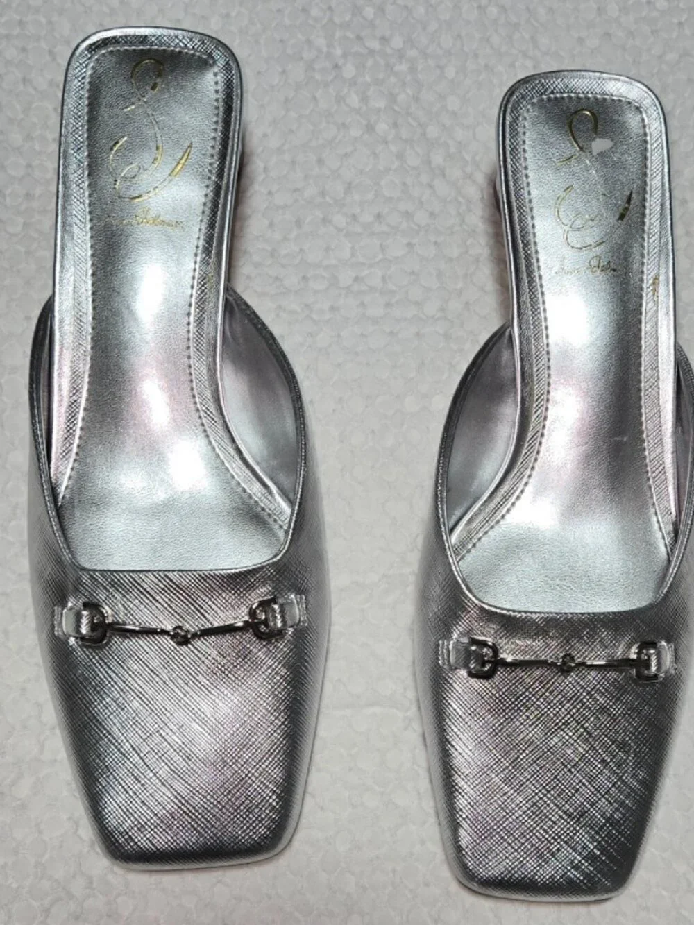 Sam Edelman Silver Metallic Square Toe Mule Heels Horsebit Block Heel Size 7 - Picture 2 of 10